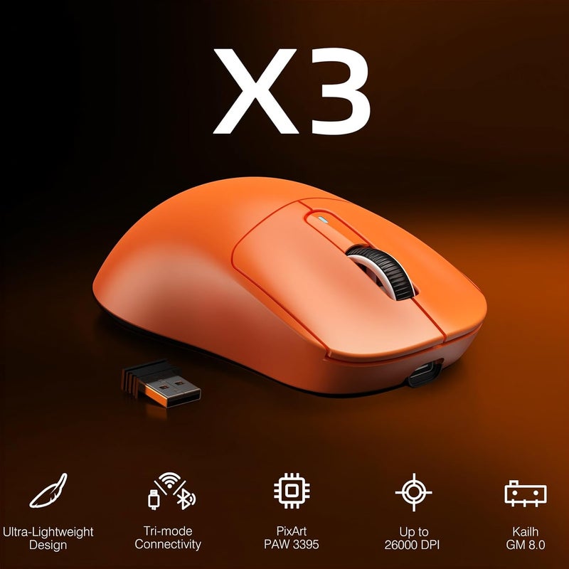 MANBASNAKE ATTACK SHARK X3 Wireless Gaming Mouse, 49g Ergonomic Computer Mouse, Triple Modes PAW3395 26K DPI Optical Sensor, 200h Battery Life, Programmable Buttons, Gaming Accessories for PC/Laptop/Mac(Orange) - Image 2